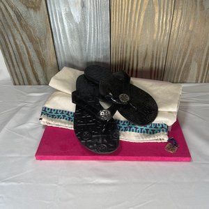 (SOLD) Authentic Tory Burch Black Leather Logo Sandals w/ Duster